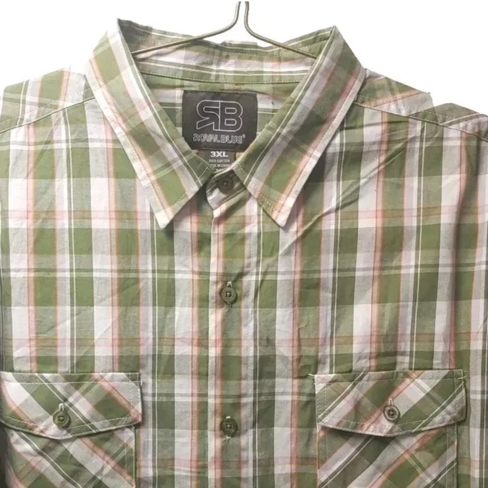 Royal Blue Shirt Adult 2X 3X Preppy Academia Green Plaid Button Roll Tab Sleeve
